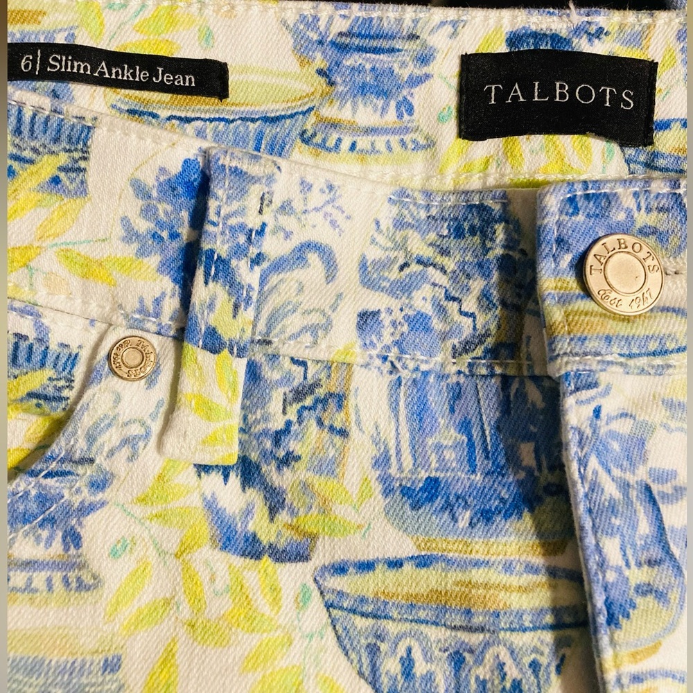 Talbots Watercolor Vase Ankle Jeans Chinoiserie Blue Green White Jeans Pants